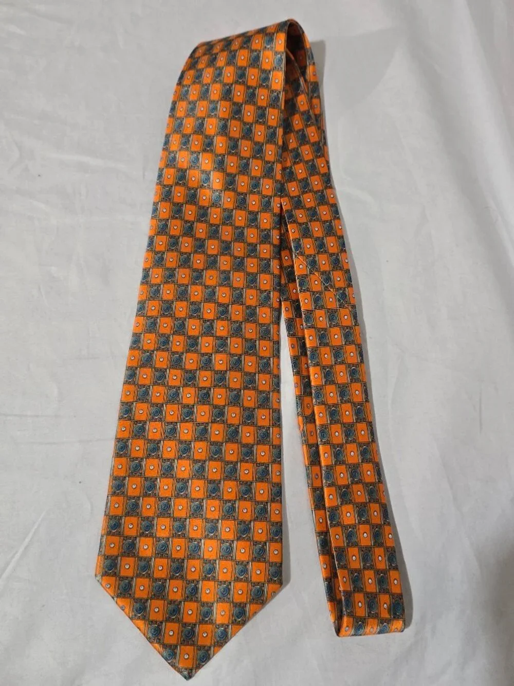 Faberge Handmade in USA 100% Silk Necktie - des.n. 139 - Orange Blue Geo
